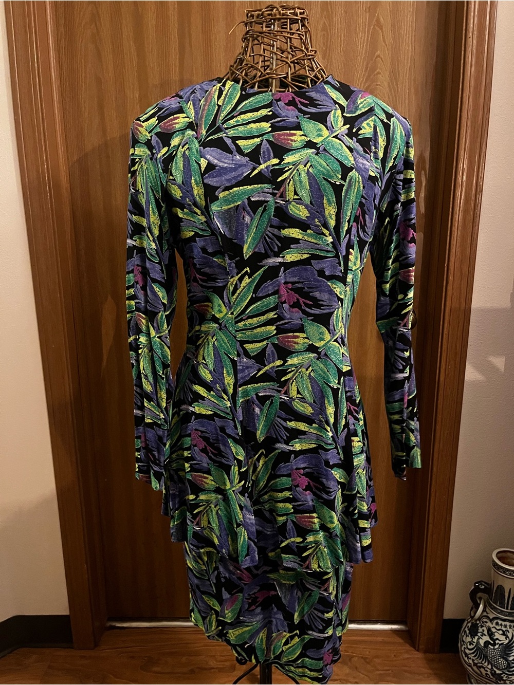 Vintage P.J. Klein 80s Neon Botanical Dress 6 Long Sleeve Rayon Open Back